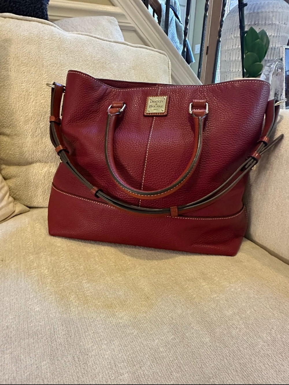 Dooney & Bourke Burgundy Pebbled Leather Tote with Dual Straps